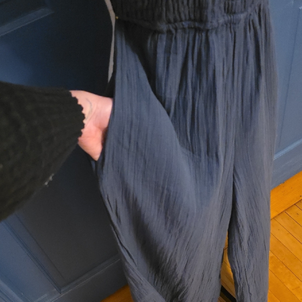 NWOT Quince Navy Elastic-Waist Tank Strap Cotton Gauze Jumpsuit Pockets Small - Picture 3 of 8